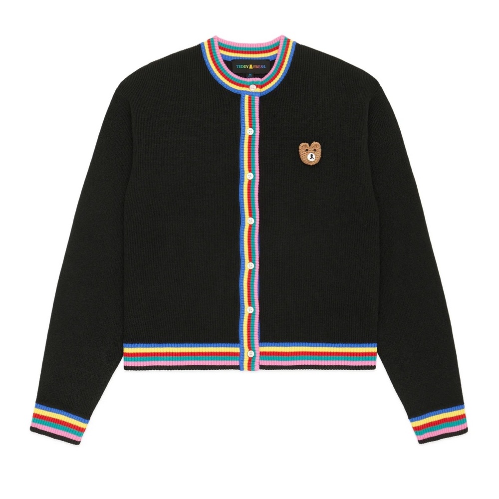 TEDDY FRESH WOMEN'S RECYCLED SWEATER BEAR CARDIGAN BLACK RAINBOW